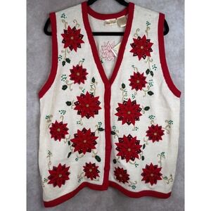 Bobbie Brooks Sweater Vest Women 18W/20W‎ Tusk Red Poinsettia Christmas Holiday